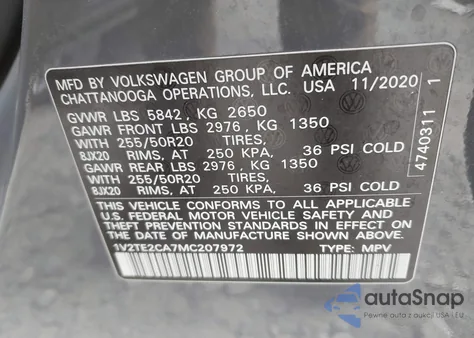 2021 Volkswagen Atlas Cross Sport 3.6L V6 Sel Premium z USA, uszkodzony, nr VIN 1V2TE2CA7MC207972